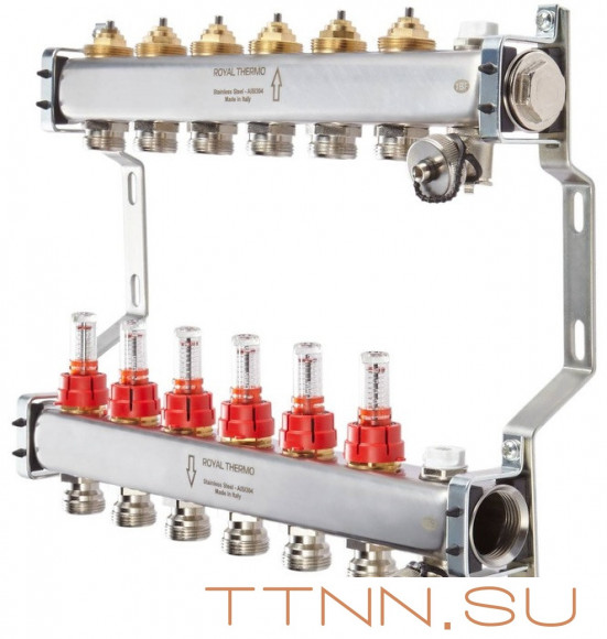 Для отопления Royal Thermo 1" ВР-3/4" НР, 10 выходов с расходомерами, нерж. (RTE 52.110) Для отопления Royal Thermo 1" ВР-3/4" НР, 10 выходов с расходомерами, нерж. (RTE 52.110)