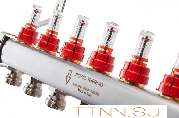 Для отопления Royal Thermo 1" ВР-3/4" НР, 8 выходов с расходомерами, нерж. (RTE 52.108) Для отопления Royal Thermo 1" ВР-3/4" НР, 8 выходов с расходомерами, нерж. (RTE 52.108)