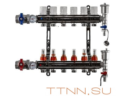 Коллекторная группа TIM 6 выходов KA006 с кранами и расходомерами латунь Коллекторная группа TIM 6 выходов KA006 с кранами и расходомерами латунь