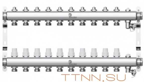 Коллектор нерж. для отопления Wester 1"-3/4 в сборе на 10 выходов с 2 заглушками Коллектор нерж. для отопления Wester 1"-3/4 в сборе на 10 выходов с 2 заглушками
