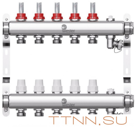 Коллектор для теплого пола Wester 1"-3/4 в сборе с расходомерами на 5 выходов Коллектор для теплого пола Wester 1"-3/4 в сборе с расходомерами на 5 выходов